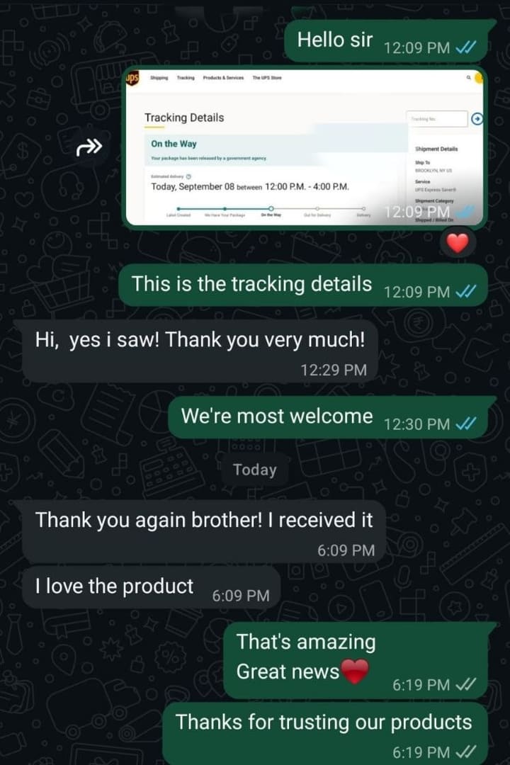WhatsApp chat screenshot: ARMETEK sends UPS tracking details for a Brooklyn, New York delivery and the customer replies that the package arrived and that they love the product.