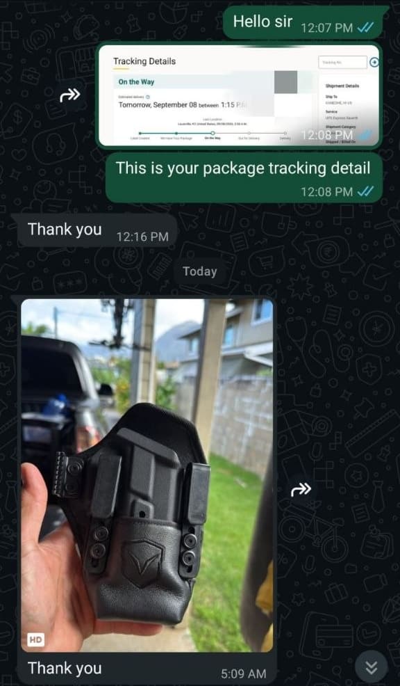WhatsApp chat screenshot: a customer in Kaneohe, Hawaii sends back a photo of the ARMETEK SENTINEL IWB holster he received, holding it in his hand outside his home.